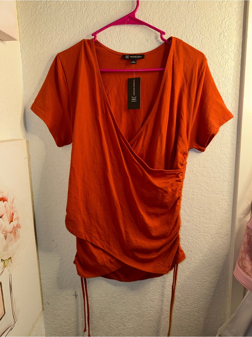 INC International Concepts Rust-Orange Wrap Drawstring Short Sleeve Top